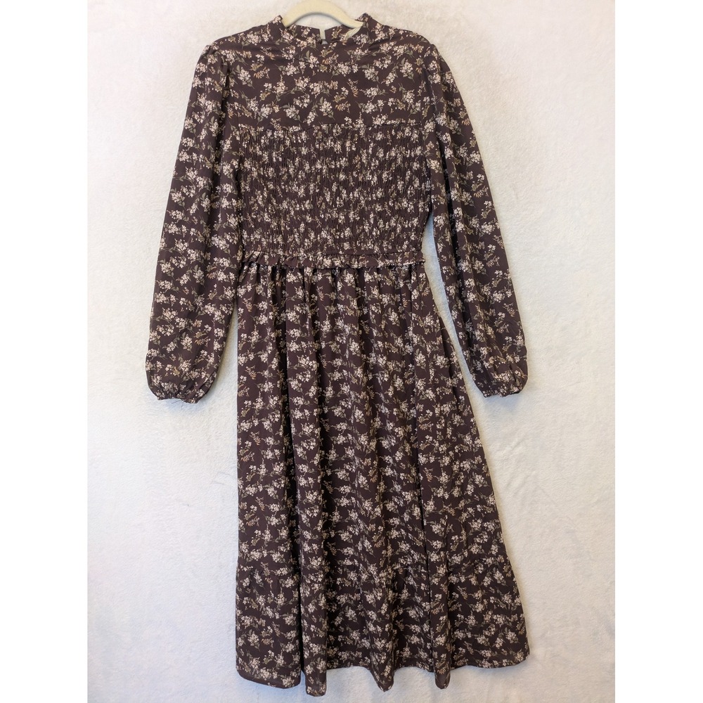 New In Smocked Midi Dress Women's Small Plum Floral Long Sleeve Ruffle